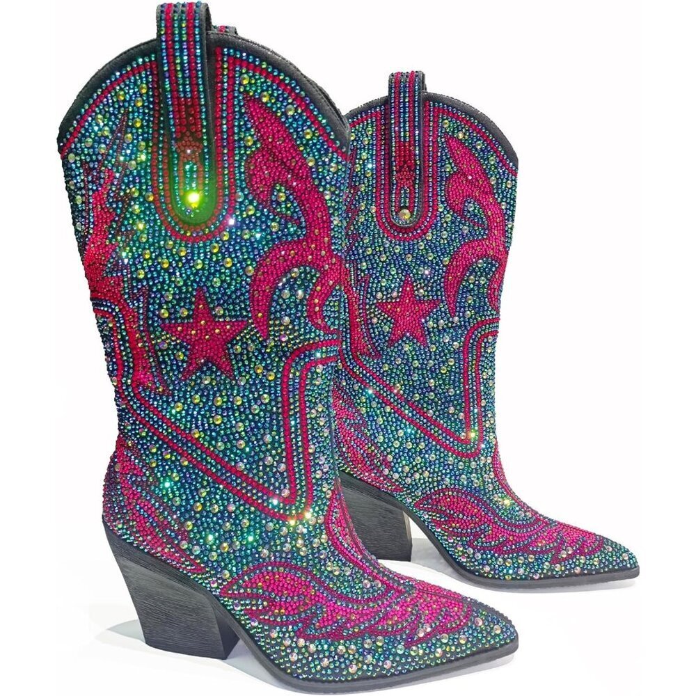 Women's Pink Multi-color Patterned Rhinestone Western Cowboy Mid-calf Boots